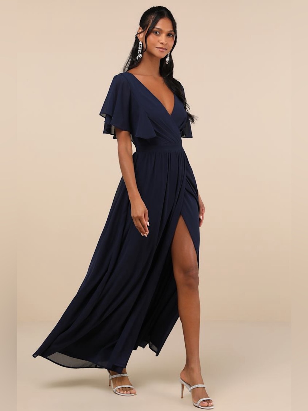 New LULUS SZ LG Convincing Grace Navy Blue Flutter Sleeve Wrap Maxi Dress